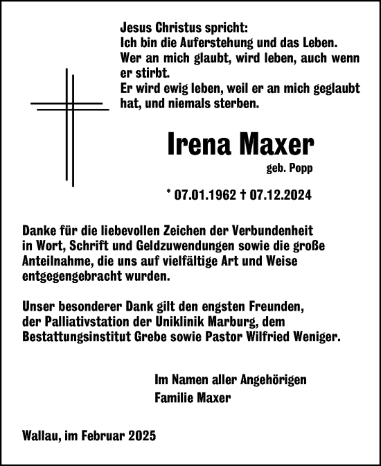 Traueranzeige von Irena Maxer von Hinterländer Anzeiger