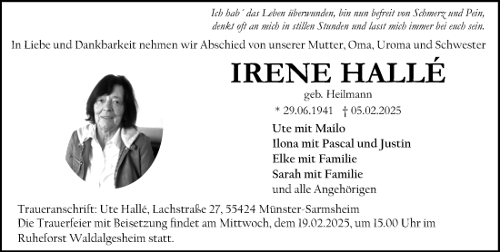Traueranzeige von Irene Hallé von Allgemeine Zeitung Rheinhessen-Nahe