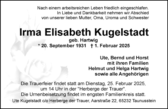 Traueranzeige von Irma Elisabeth Kugelstadt von Idsteiner Land/Untertaunus