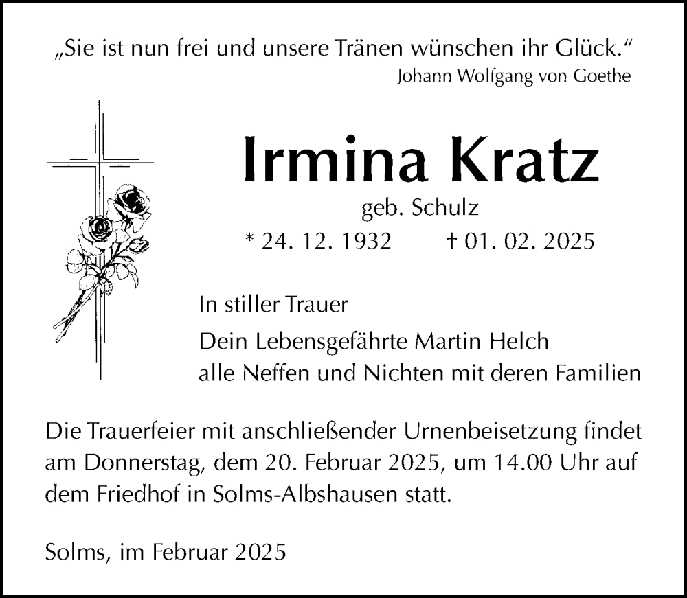  Traueranzeige für Irmina Kratz vom 15.02.2025 aus Wetzlarer Neue Zeitung