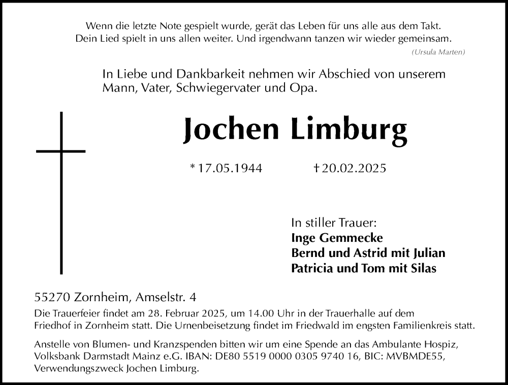  Traueranzeige für Jochen Limburg vom 25.02.2025 aus Allgemeine Zeitung Mainz