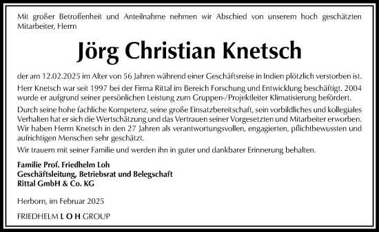 Traueranzeige von Jörg Christian Knetsch von Wetzlarer Neue Zeitung