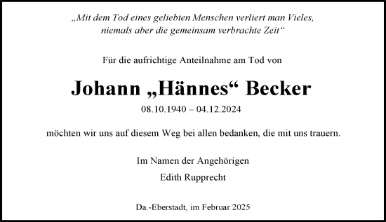 Traueranzeige von Johann Becker von Darmstädter Echo