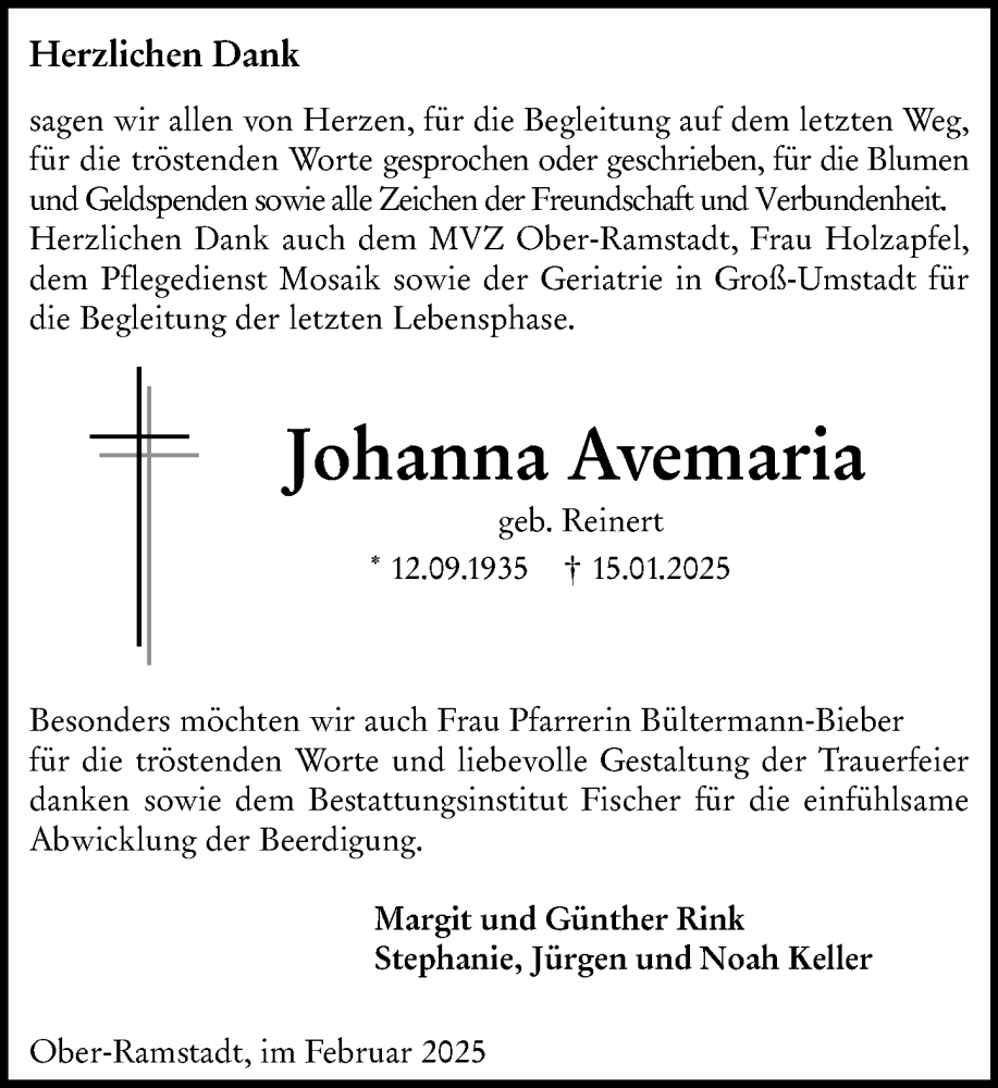  Traueranzeige für Johanna Avemaria vom 22.02.2025 aus Darmstädter Echo