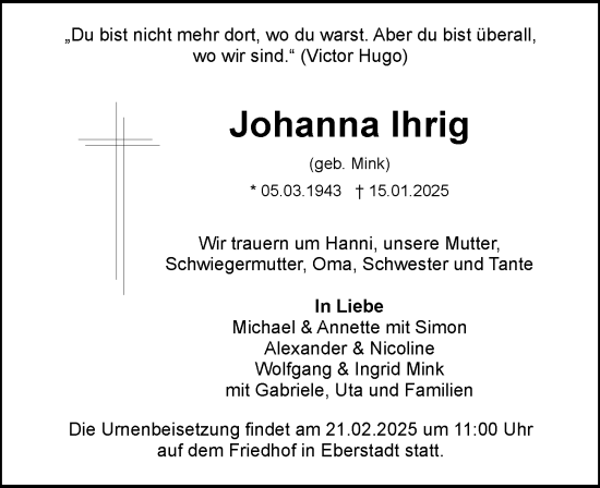 Traueranzeige von Johanna Ihrig von Darmstädter Echo