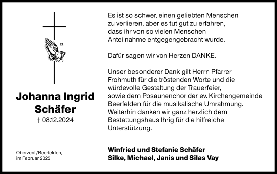 Traueranzeige von Johanna Ingrid Schäfer von Odenwälder Echo