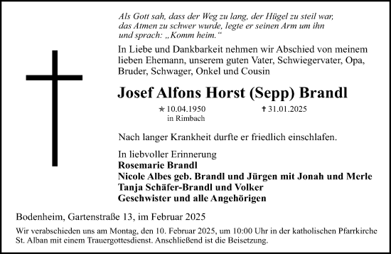 Traueranzeige von Josef Alfons Horst Brandl von Allgemeine Zeitung Mainz
