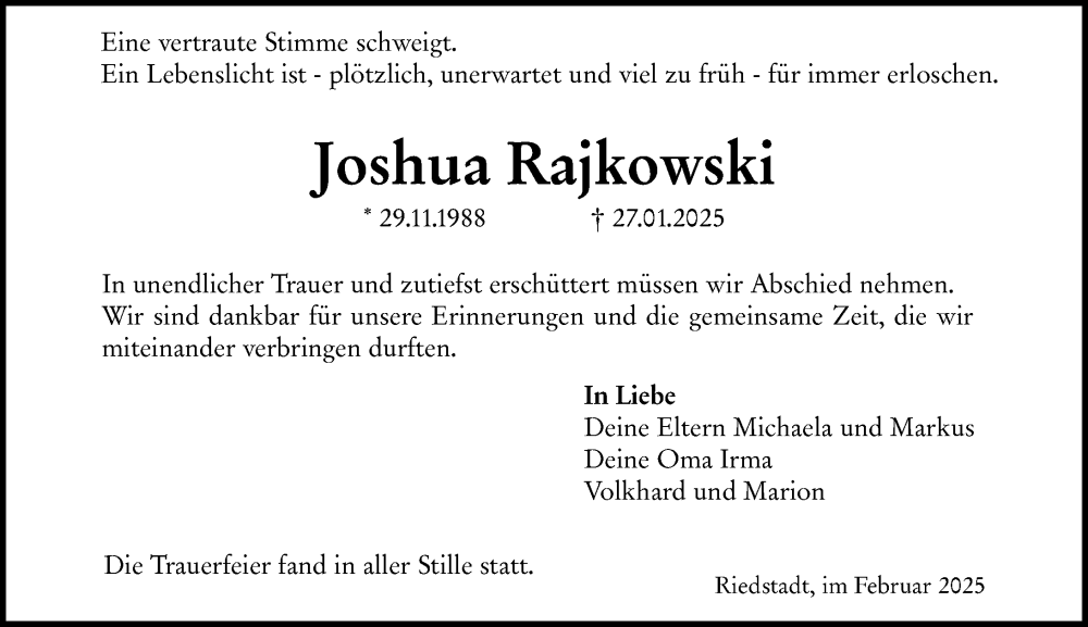  Traueranzeige für Joshua Rajkowski vom 08.02.2025 aus Groß-Gerauer Echo
