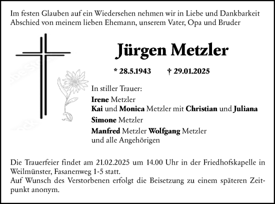 Traueranzeige von Jürgen Metzler von Weilburger Tageblatt