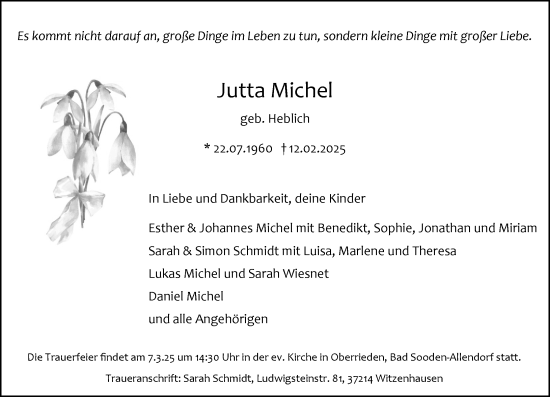 Traueranzeige von Jutta Michel von Allgemeine Zeitung Alzey