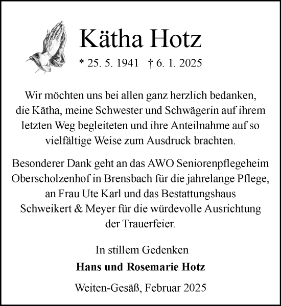 Traueranzeige von Kätha Hotz von Odenwälder Echo