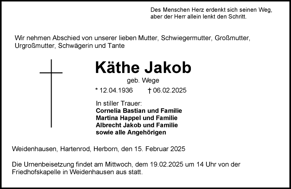  Traueranzeige für Käthe Jakob vom 15.02.2025 aus Hinterländer Anzeiger