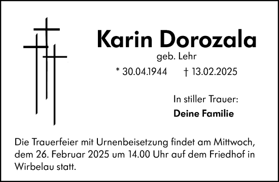 Traueranzeige von Karin Dorozala von Weilburger Tageblatt