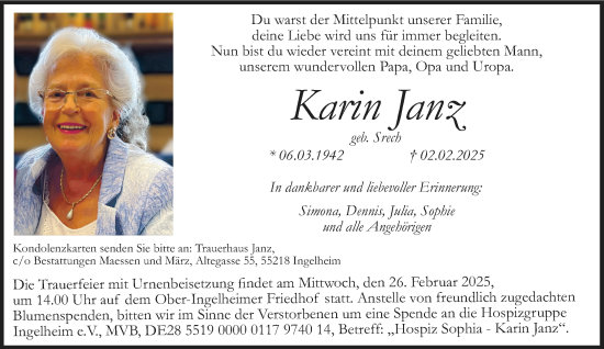 Traueranzeige von Karin Janz von Allgemeine Zeitung Rheinhessen-Nahe