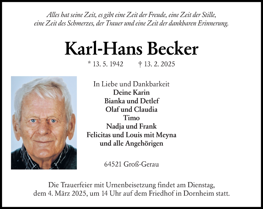  Traueranzeige für Karl-Hans Becker vom 22.02.2025 aus Groß-Gerauer Echo