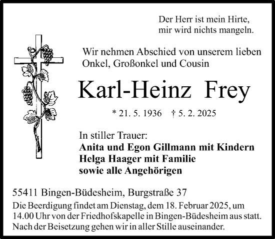 Traueranzeige von Karl-Heinz Frey von Binger-/Ingelheimer Wochenblatt