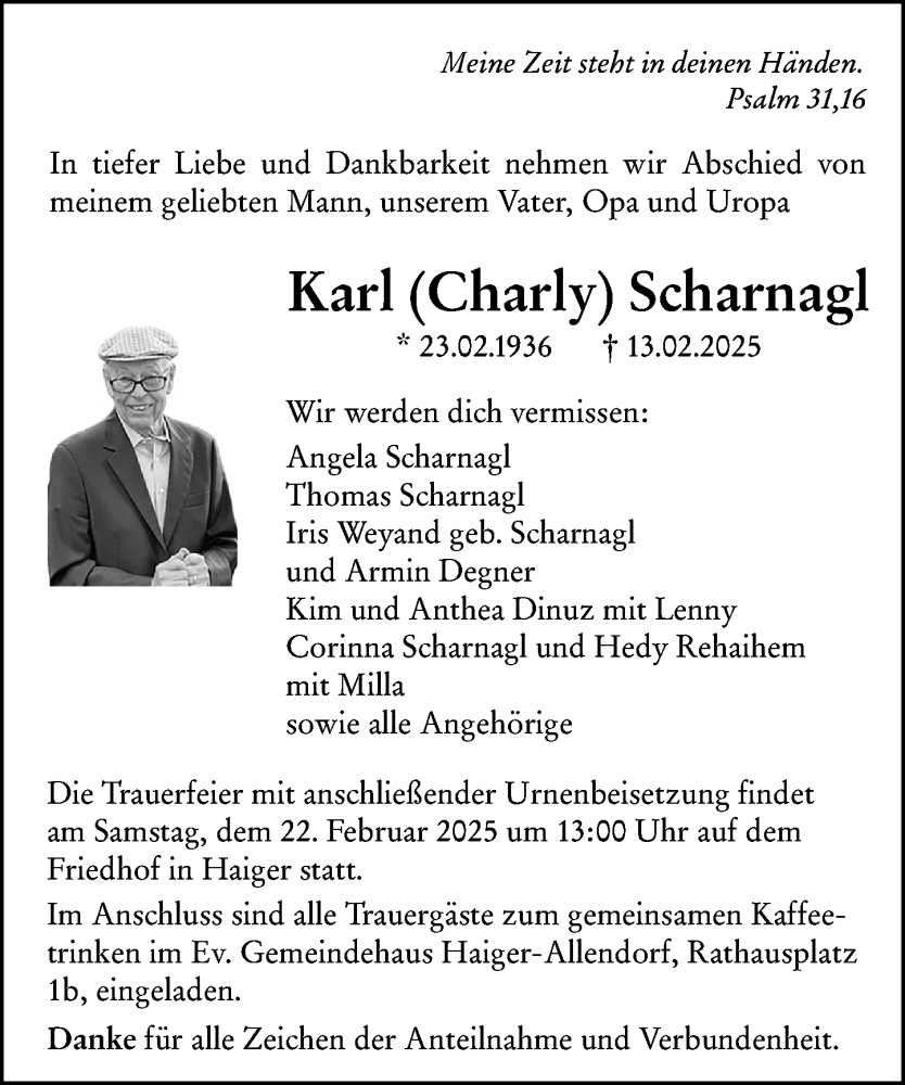  Traueranzeige für Karl Scharnagl vom 19.02.2025 aus Dill Block