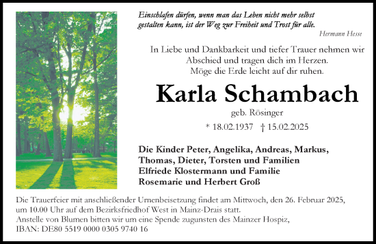 Traueranzeige von Karla Schambach von Allgemeine Zeitung Mainz