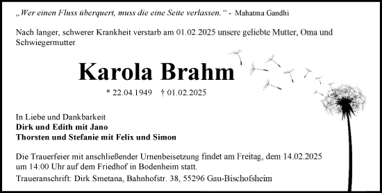 Traueranzeige von Karola Brahm von Allgemeine Zeitung Mainz