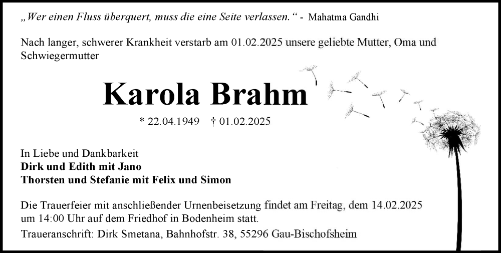  Traueranzeige für Karola Brahm vom 08.02.2025 aus Allgemeine Zeitung Mainz