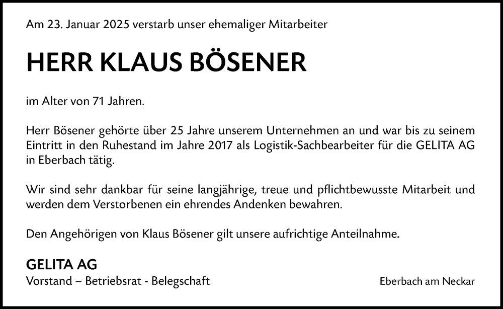  Traueranzeige für Klaus Bösener vom 01.02.2025 aus Odenwälder Echo