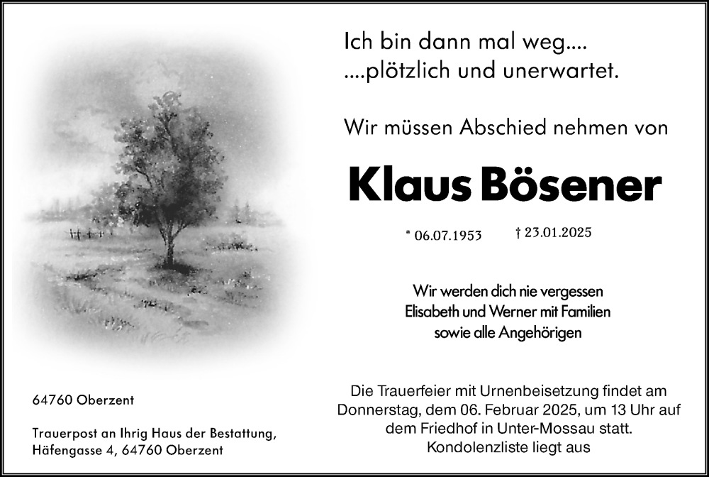  Traueranzeige für Klaus Bösener vom 01.02.2025 aus Odenwälder Echo