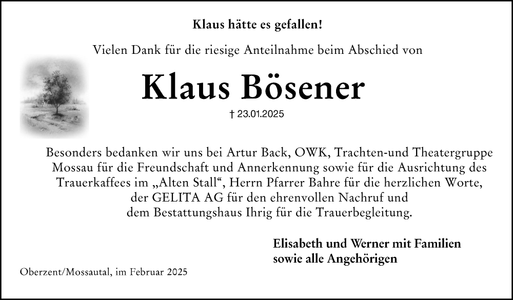  Traueranzeige für Klaus Bösener vom 22.02.2025 aus Odenwälder Echo