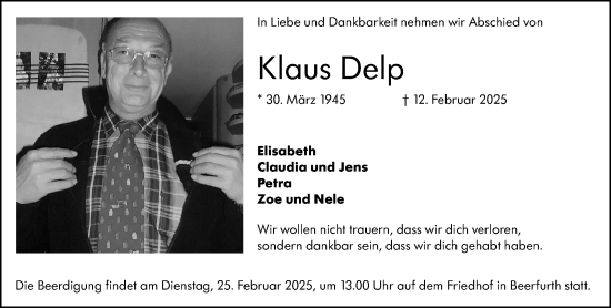 Traueranzeige von Klaus Delp von Odenwälder Echo