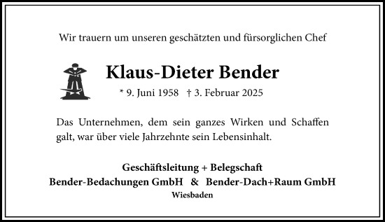 Traueranzeige von Klaus-Dieter Bender von Wiesbadener Kurier