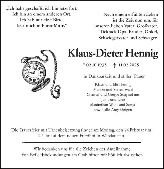 Traueranzeige von Klaus-Dieter Hennig von Wetzlarer Neue Zeitung