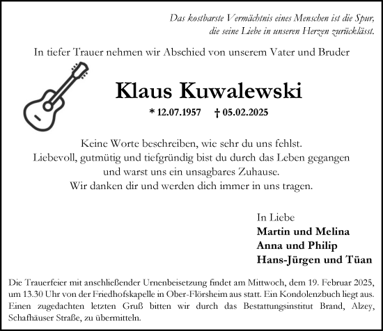 Traueranzeige von Klaus Kuwalewski von Allgemeine Zeitung Alzey