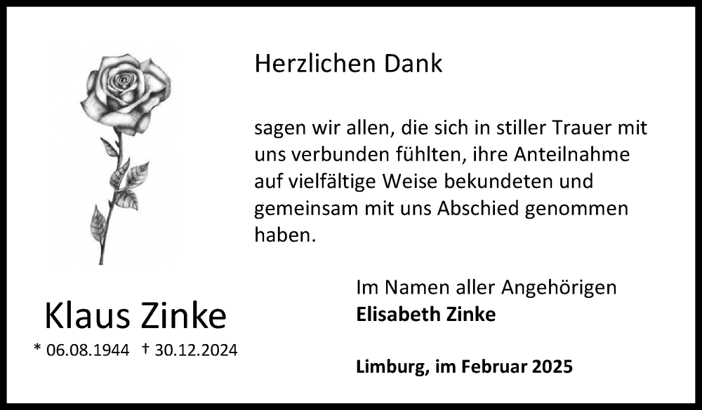  Traueranzeige für Klaus Zinke vom 15.02.2025 aus Nassauische Neue Presse