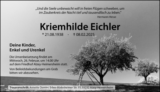 Traueranzeige von Kriemhilde Eichler von Allgemeine Zeitung Alzey