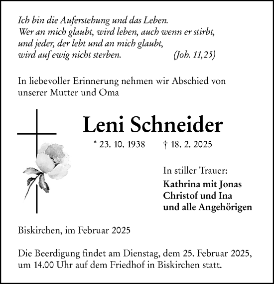 Traueranzeige von Leni Schneider von Wetzlarer Neue Zeitung