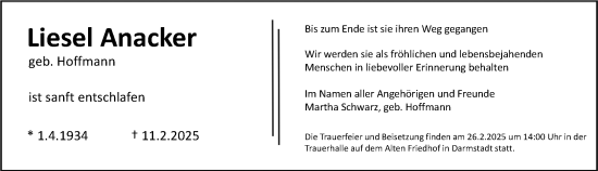 Traueranzeige von Liesel Anacker von Darmstädter Echo