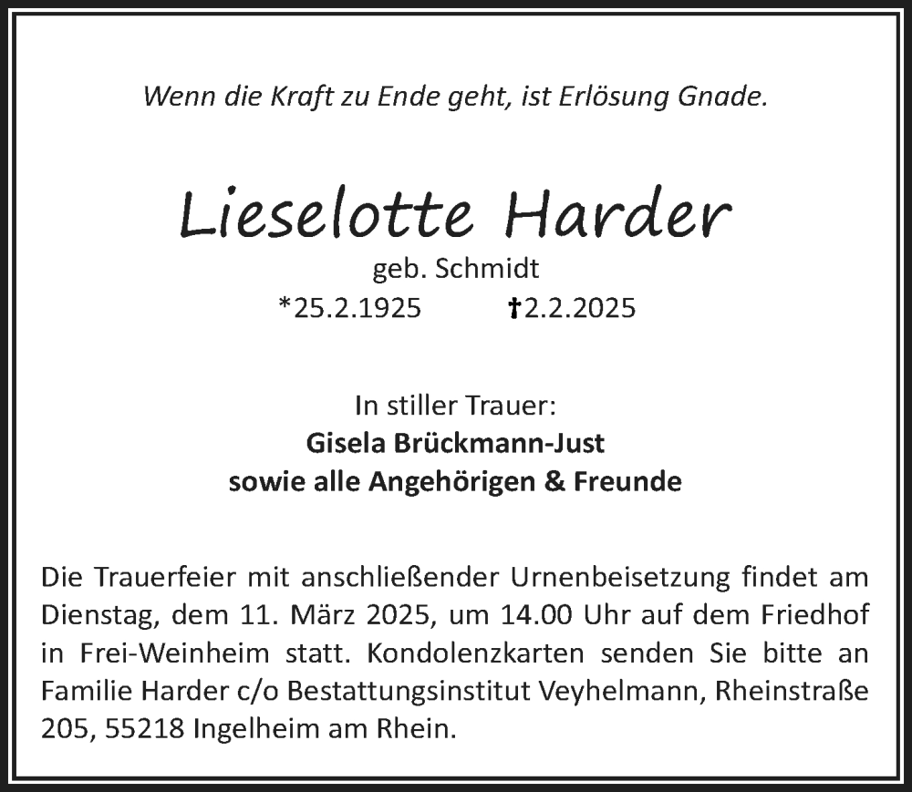  Traueranzeige für Lieselotte Harder vom 22.02.2025 aus Allgemeine Zeitung Rheinhessen-Nahe