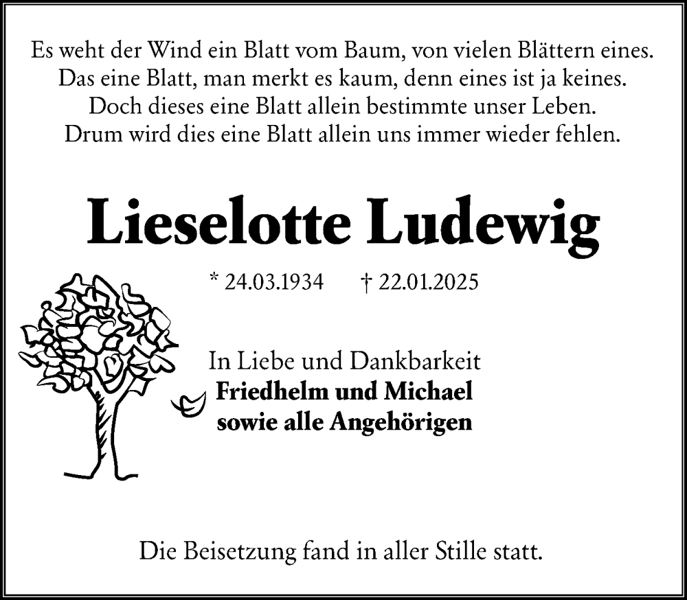 Traueranzeige für Lieselotte Ludewig vom 08.02.2025 aus Wiesbadener Kurier