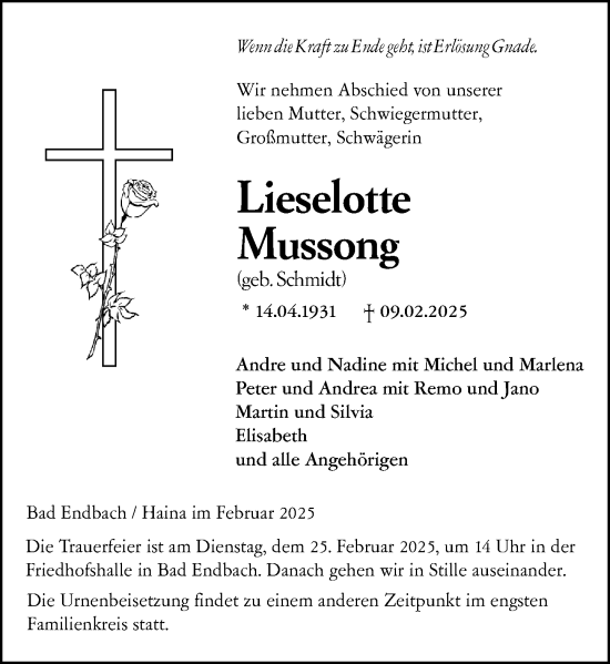 Traueranzeige von Lieselotte Mussong von Hinterländer Anzeiger