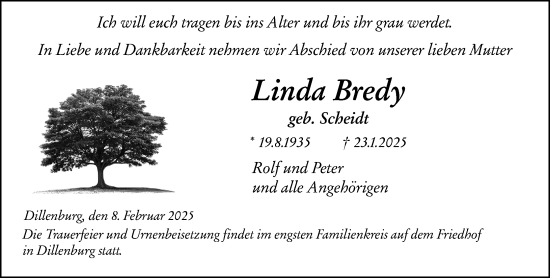 Traueranzeige von Linda Bredy von Dill Block