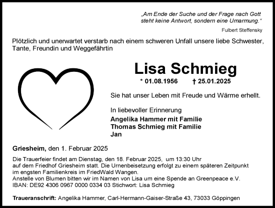 Traueranzeige von Lisa Schmieg von Darmstädter Echo