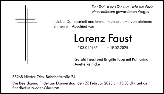 Traueranzeige von Lorenz Faust von Allgemeine Zeitung Mainz
