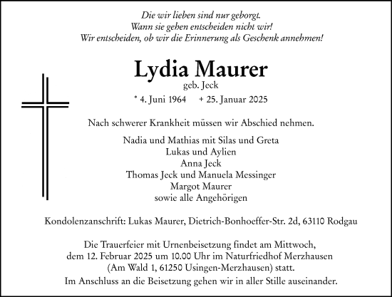 Traueranzeige von Lydia Maurer von Camberger Anzeiger