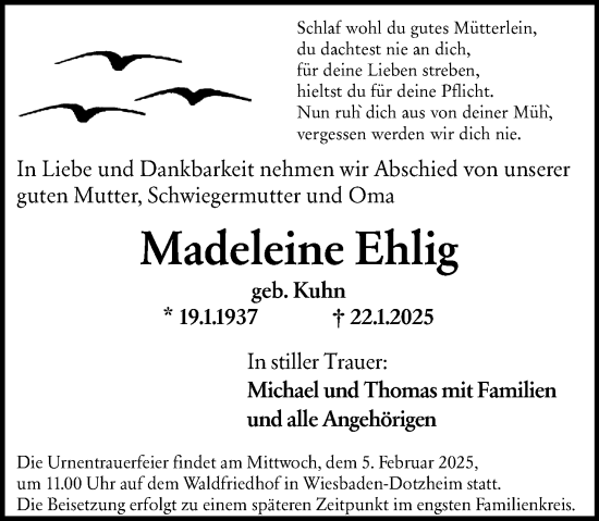 Traueranzeige von Madeleine Ehlig von Wiesbadener Kurier