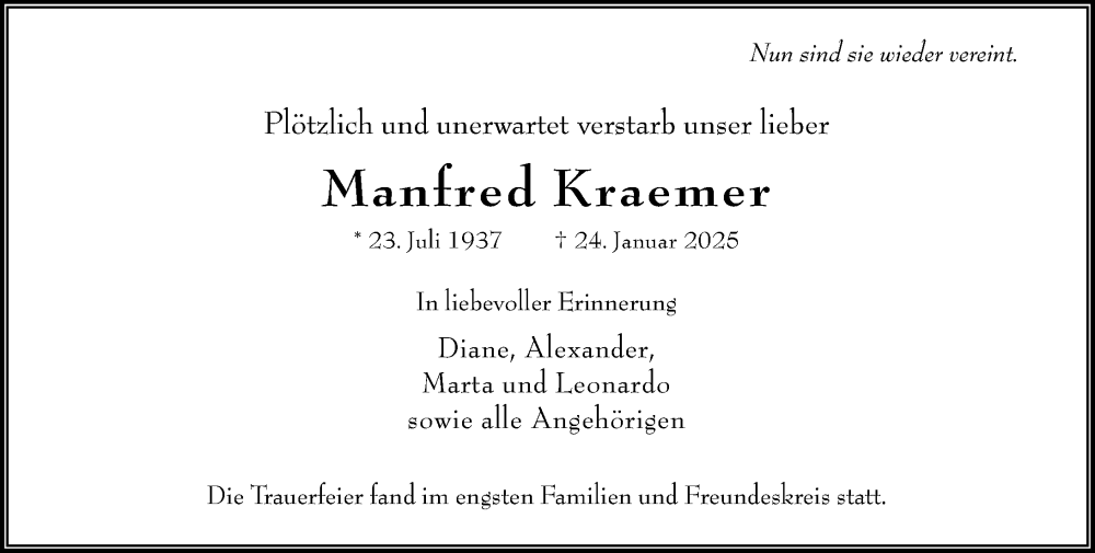  Traueranzeige für Manfred Kraemer vom 15.02.2025 aus Wiesbadener Kurier