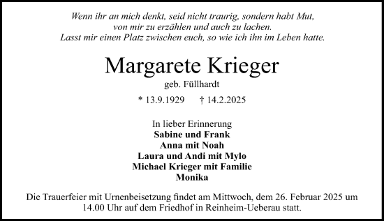 Traueranzeige von Margarete Krieger von Darmstädter Echo