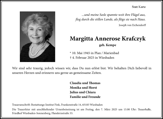 Traueranzeige von Margitta Annerose Krafczyk von Wiesbadener Kurier