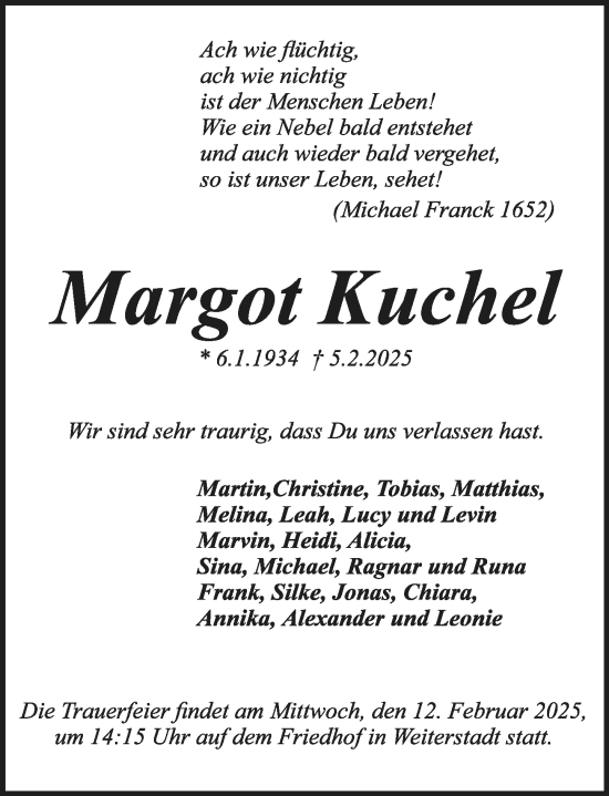 Traueranzeige von Margot Kuchel von Darmstädter Echo