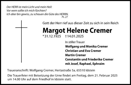Traueranzeige von Margot Helene Cremer von Idsteiner Land/Untertaunus