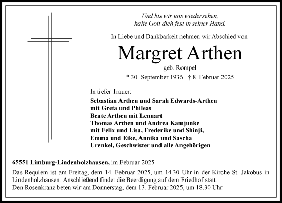 Traueranzeige von Margret Arthen von Nassauische Neue Presse