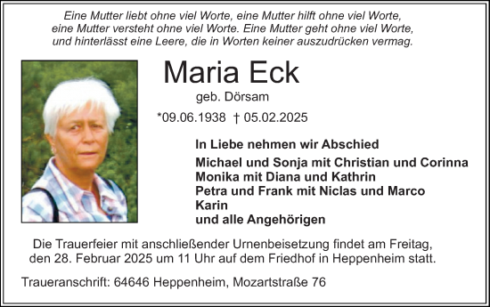 Traueranzeige von Maria Eck von Starkenburger Echo